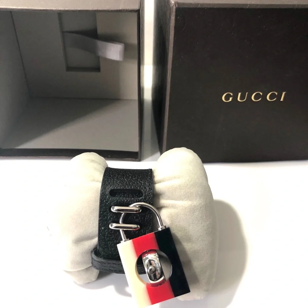 Gucci Black Leather Bracelet Watch with Red, White & Blue Pendant